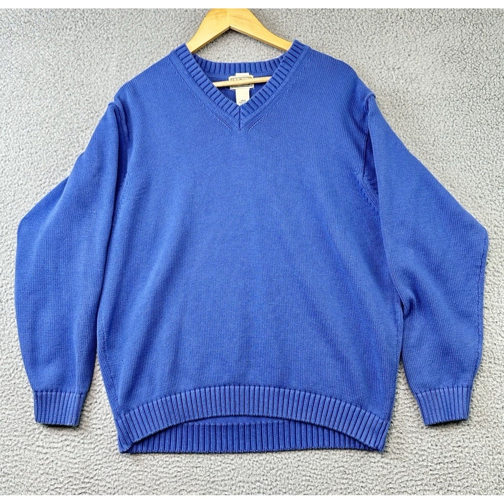 L.L.Bean Sweater Mens Large Blue V Neck Cotton Pullover Textured Ribbed 0 FW82